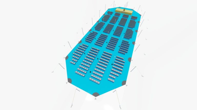 Vue d'ensemble de la configuration « top-down » de l'Arachnid extensible RHI, comprenant 3 baies de raccordement, avec des sièges disposés à la manière d'une salle de spectacle, face à une scène de présentation