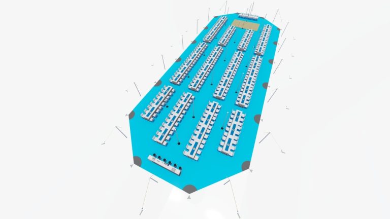 Vue d'ensemble de l'Arachnid « RHI Extendable » avec 3 modules de liaison, aménagée avec de longues tables de banquet rectangulaires et des allées de service