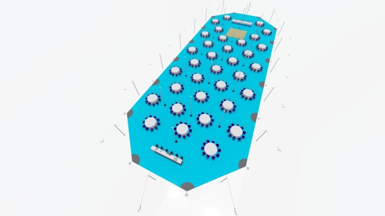 Vue d'ensemble de l'Arachnid « Extendable » de RHI, composée de 3 modules « Linking Bays », aménagée avec des tables à manger rondes et offrant un espace de circulation dégagé pour les invités