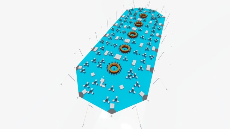 Vue d'ensemble de l'Arachnid extensible RHI, dotée de 3 modules de liaison, aménagée avec des tables hautes et des espaces de réception informels où l'on peut rester debout
