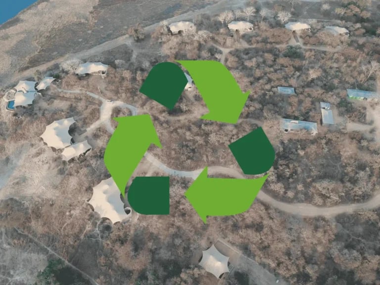 Aerial landscape with a recycling symbol representing RHI's environmental responsibility