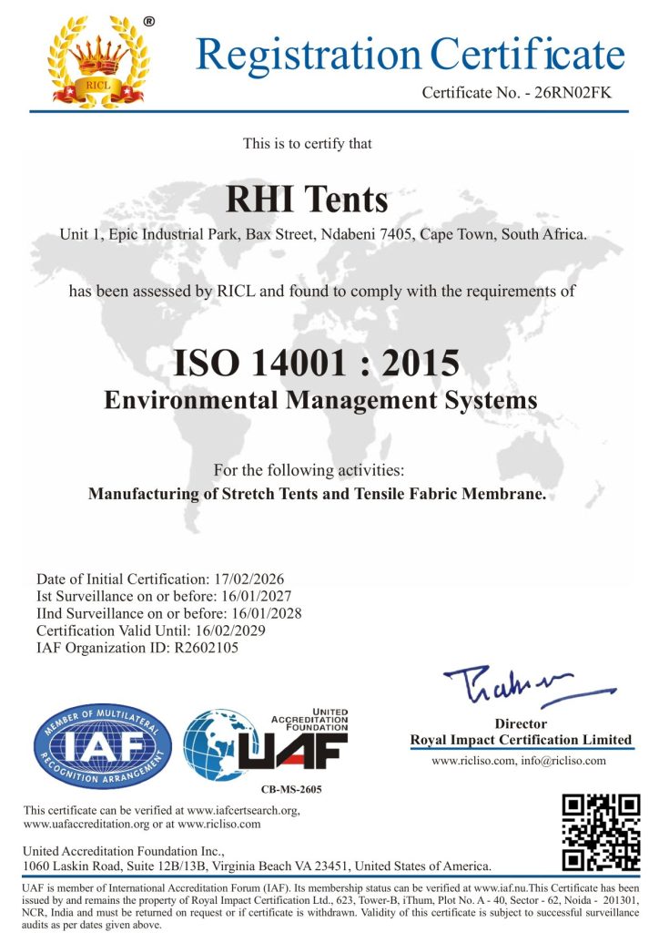 RHI Tents ISO 14001:2015 environmental-management registration certificate issued in 2026