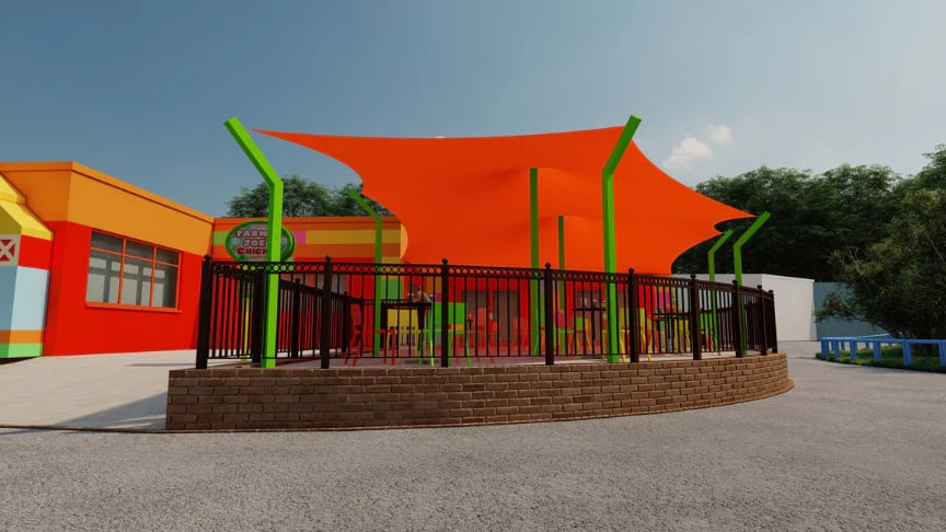 Rendered orange custom stretch tent designed for an outdoor attraction