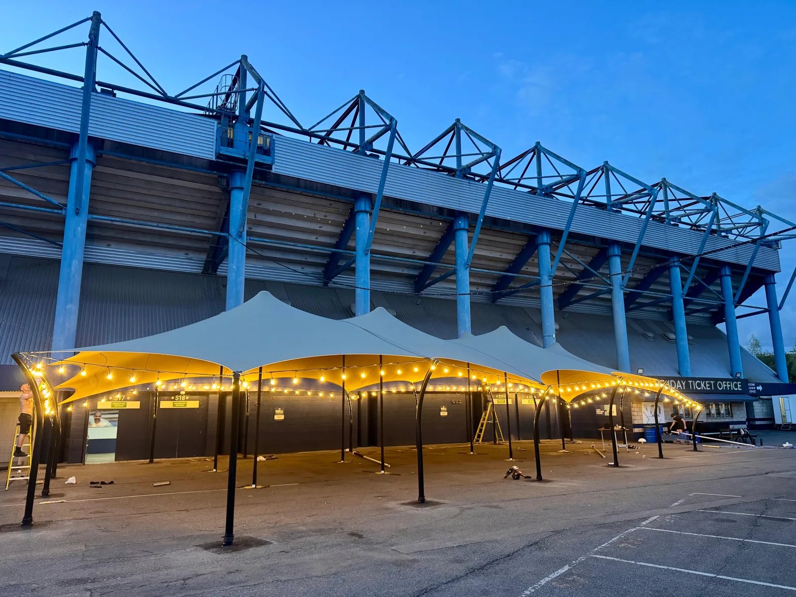 Custom chino stretch tents outside Millwall stadium