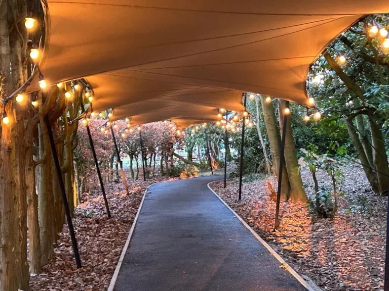 Illuminated fabric cover above a woodland walkway — Custom Stretch Tent Walkway at Easthampstead Park, UK