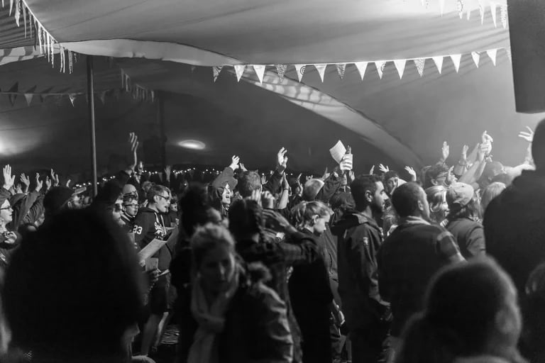 Vue en noir et blanc du public et de la scène, montrant des musiciens se produisant sur une scène située sous un RHI tente stretch